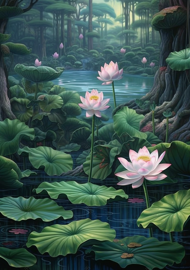 森林中的池塘里的荷花与荷叶自然插画壁纸背景,插画/手绘图,插画/手绘图库,插画/手绘图下载,插画/手绘